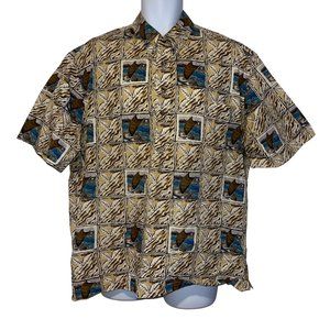 Vtg Hilo Hattie Hawaiian Shirt Mens XL Canoe Sail Beach Vacation Aloha Leaf Tan